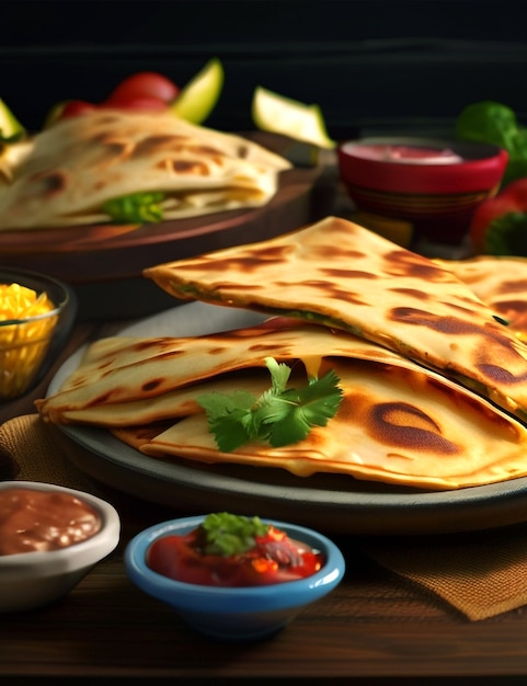 Realistic Delicious Quesadilla with other Mexican Food 3D Render