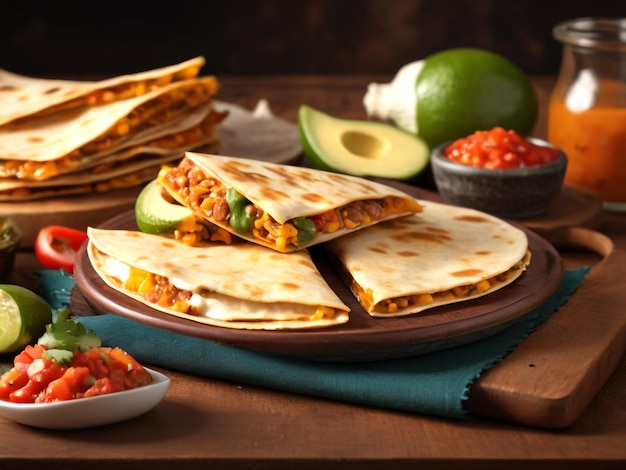 Realistic Delicious Quesadilla with other Mexican Food 3D Render