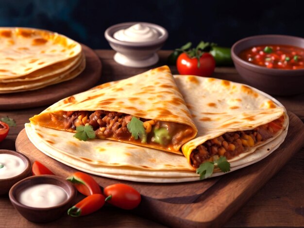 Realistic Delicious Quesadilla with other Mexican Food 3D Render