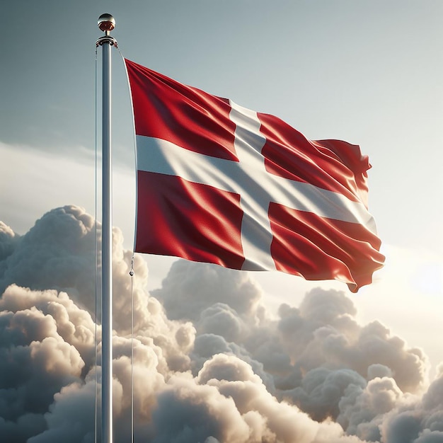 Realistic Denmark Flag on flag pole waving in the wind against white clouds