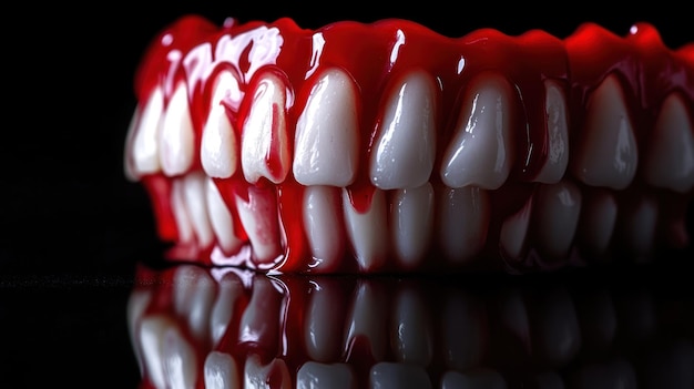 Photo a realistic depiction of a set of vampire teeth dripping with blood