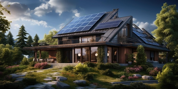 Realistic design of a modern house with solar panels on the roof Green energy Generative AI