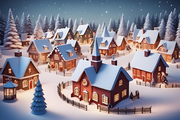 A realistic digital depiction of a snowy Christmas village 3d style