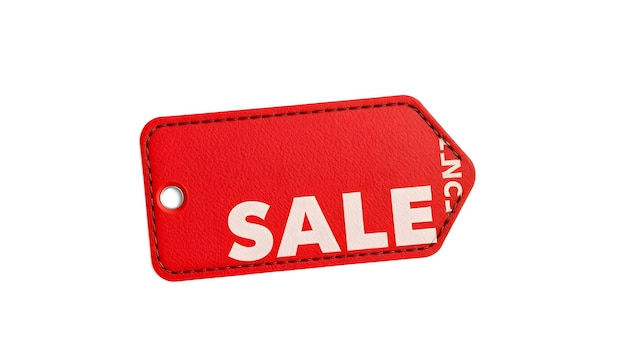 Realistic discount red leather tag for sale promotion label template isolated with white highlights