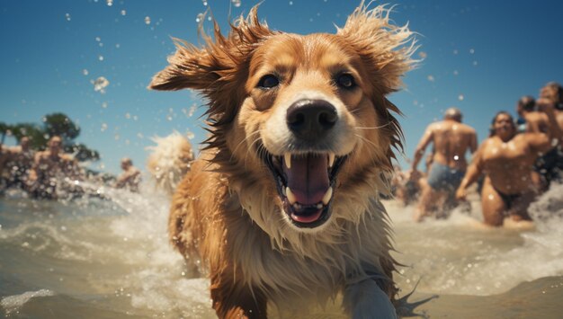 realistic dog runing on the beach at summertime sun shining and a lot of realistic people