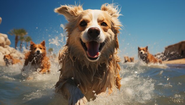 realistic dog runing on the beach at summertime sun shining and a lot of realistic people