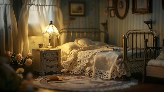 A realistic dollhouse bedroom featuring an old vintage single bed captured in a nighttime ambiance