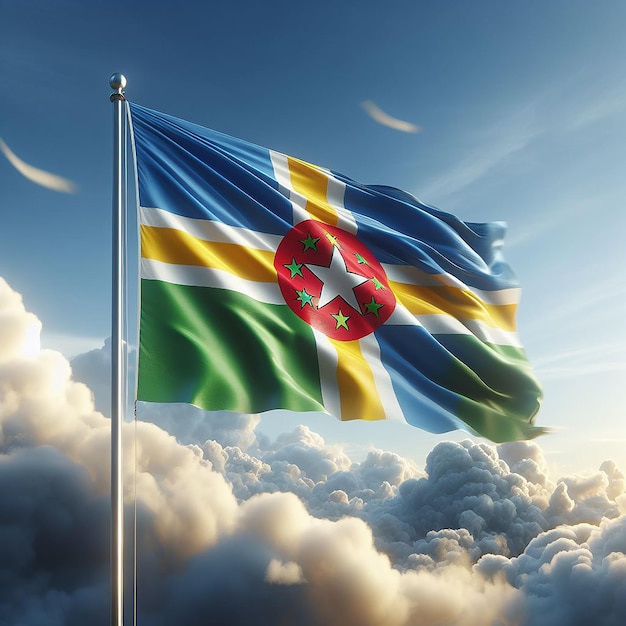 Realistic Dominica Flag on flag pole waving in the wind against white clouds