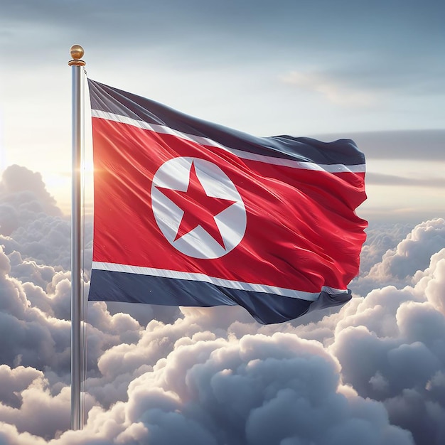 Realistic DPRK Flag on flag pole waving in the wind against white clouds