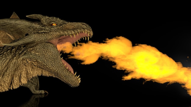 Realistic dragon breathes fire on a black background on a reflective surface 3d rendering