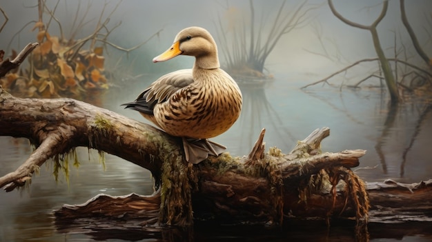 Realistic Duck Painting On A Foggy Lake