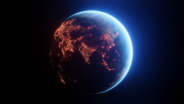 Realistic Earth planet viewed from space at night showing the lights of asia and india countries cinematic 3d render of planet EarthEnergy consumption electricity industry ecology concepts