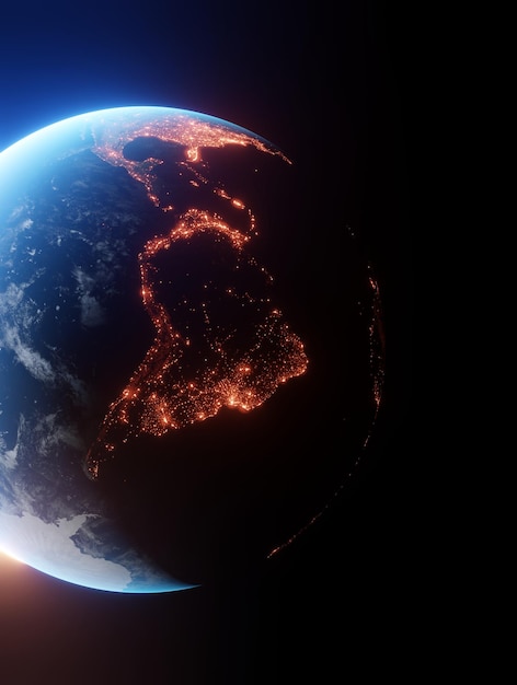 Realistic Earth planet viewed from space at night showing the lights of south america cinematic 3d render of planet EarthEnergy consumption electricity industry ecology concepts