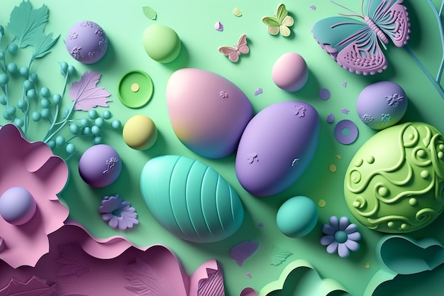 Realistic Easter background with colorful eggs meadow plants and butterflies Generative AI