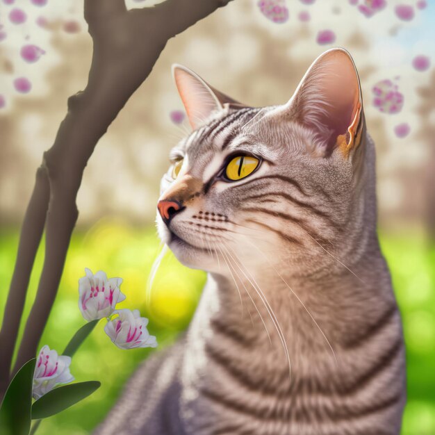 Realistic egyptian mau cat on ravishing natural outdoor background