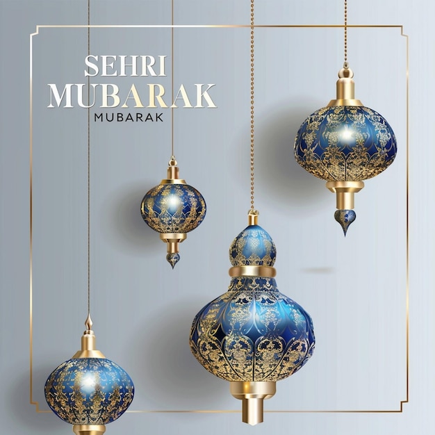 realistic eid card design with arabic lanterns blue background Ramadan kareem greeting card design