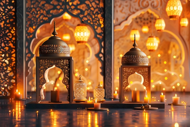 Realistic eid mubarak background with candles and mosque