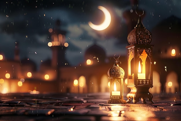 Realistic eid mubarak background with candles and mosque