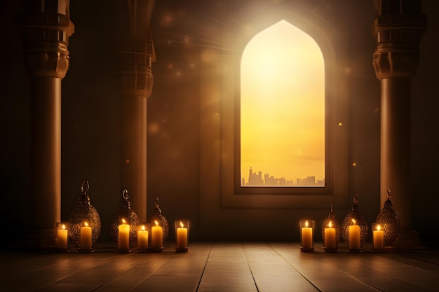 Realistic eid mubarak background with candles and mosque