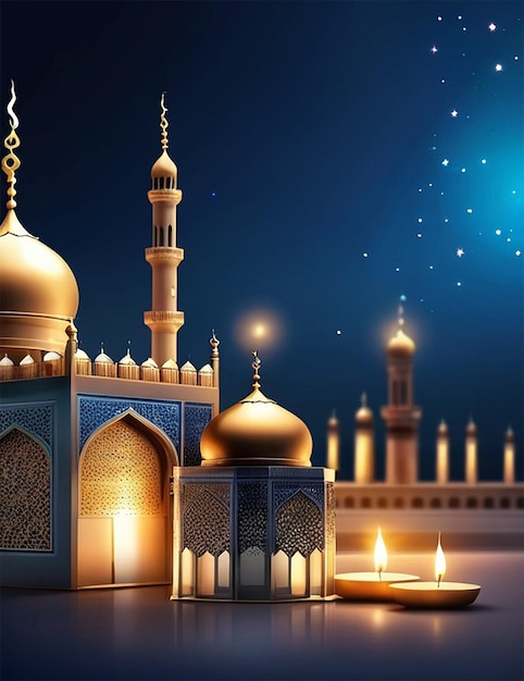 Realistic Eid Mubarak background with candles and mosque