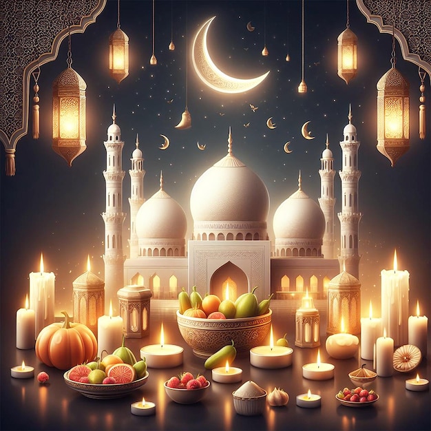 Realistic Eid Mubarak background with candles and mosque