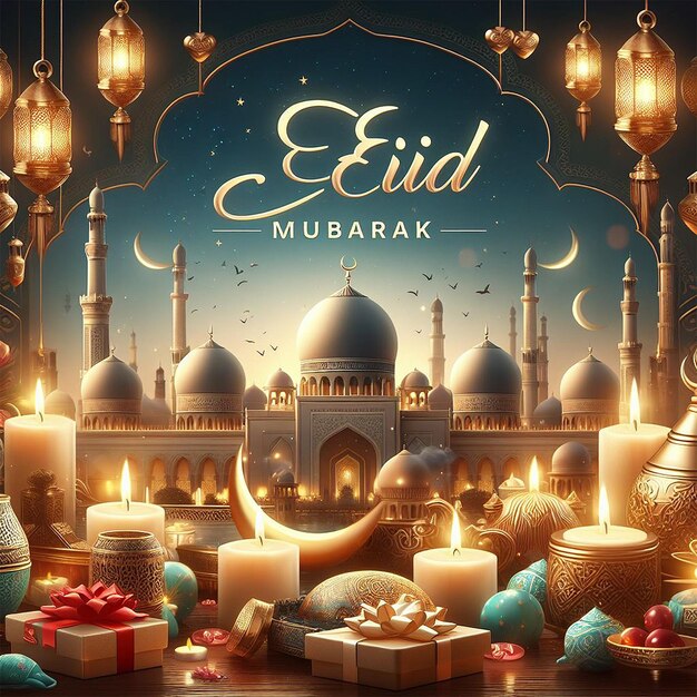 Realistic Eid Mubarak background with candles and mosque