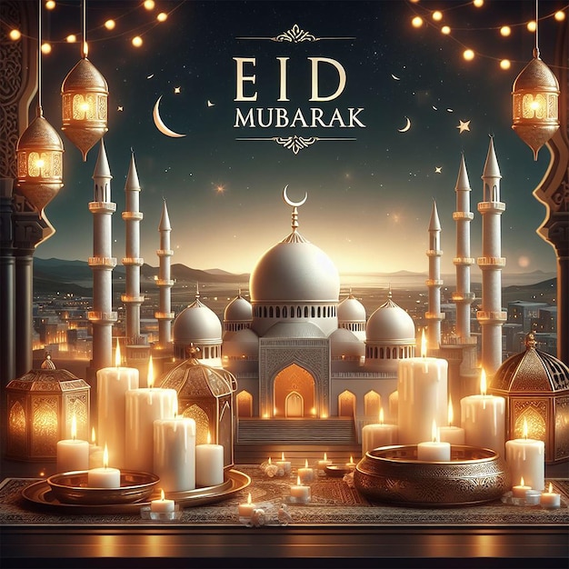 Realistic Eid Mubarak background with candles and mosque