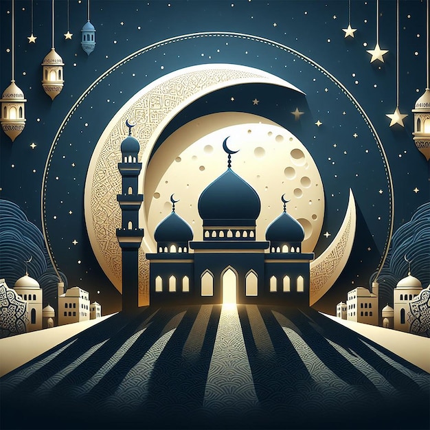 Realistic Eid Mubarak background with candles and mosque