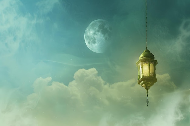 Realistic eid mubarak background with lantern and moon