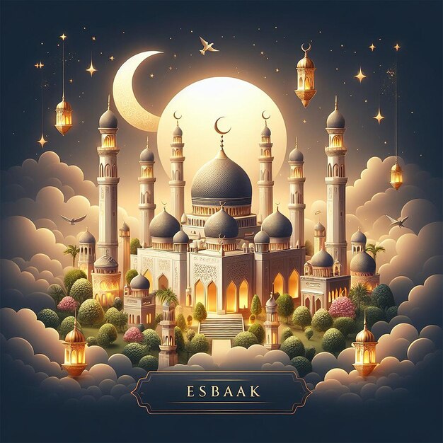 Realistic eid mubarak islamic greeting design