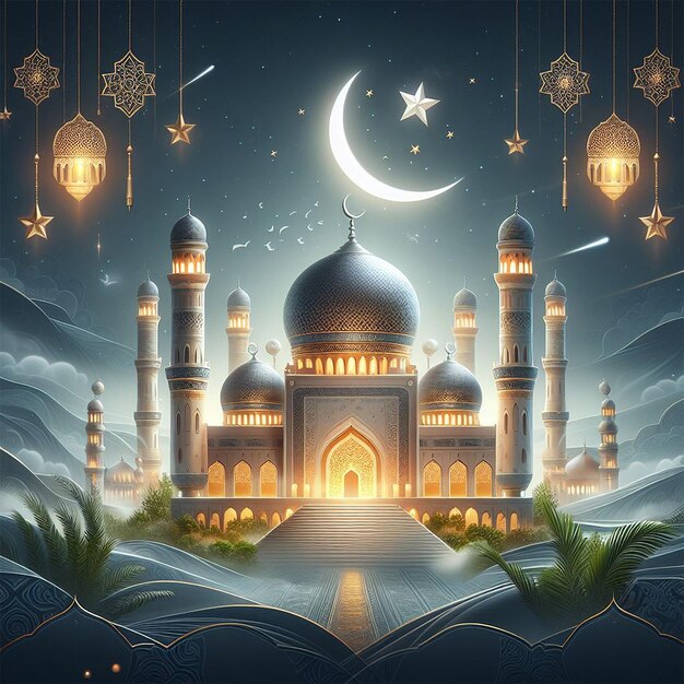 Realistic eid mubarak islamic greeting design