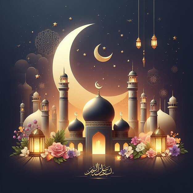 Realistic eid mubarak islamic greeting design