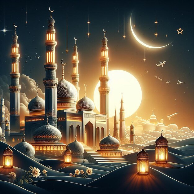 Realistic eid mubarak islamic greeting design