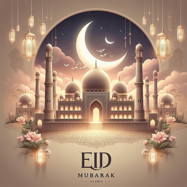 Realistic eid mubarak islamic greeting design