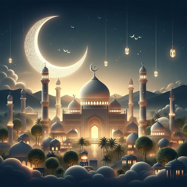 Realistic eid mubarak islamic greeting design