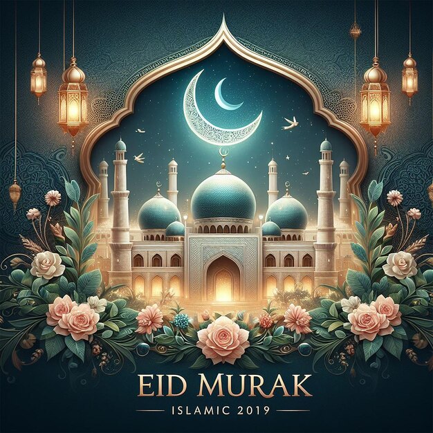 Realistic eid mubarak islamic greeting design