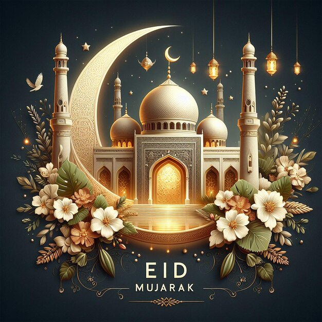 Realistic eid mubarak islamic greeting design