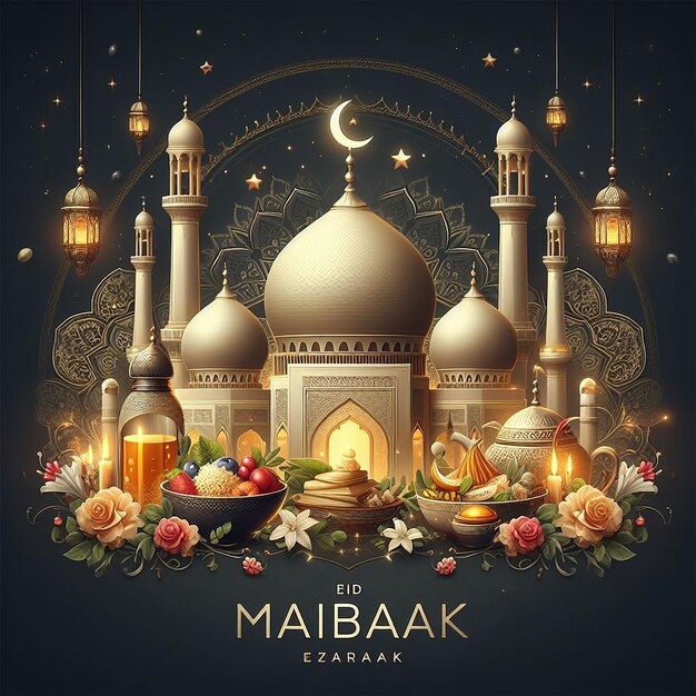 Realistic eid mubarak islamic greeting design