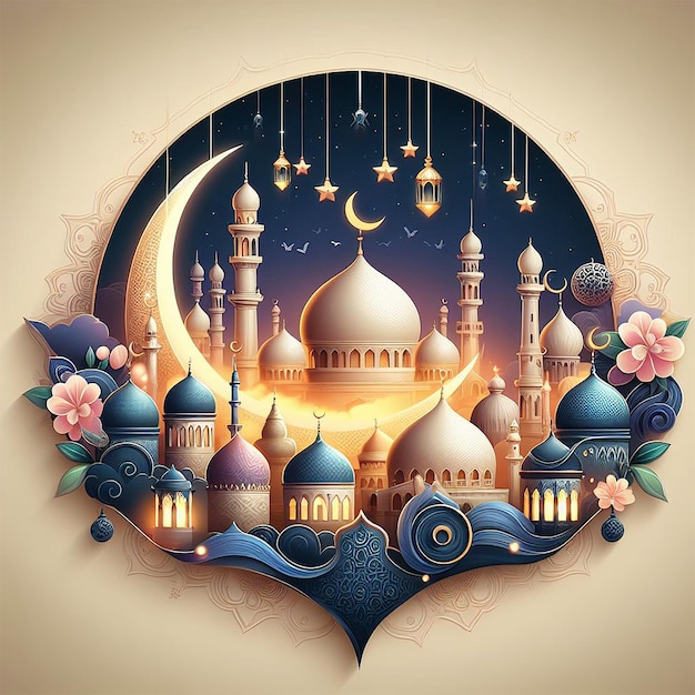 Realistic eid mubarak islamic greeting design