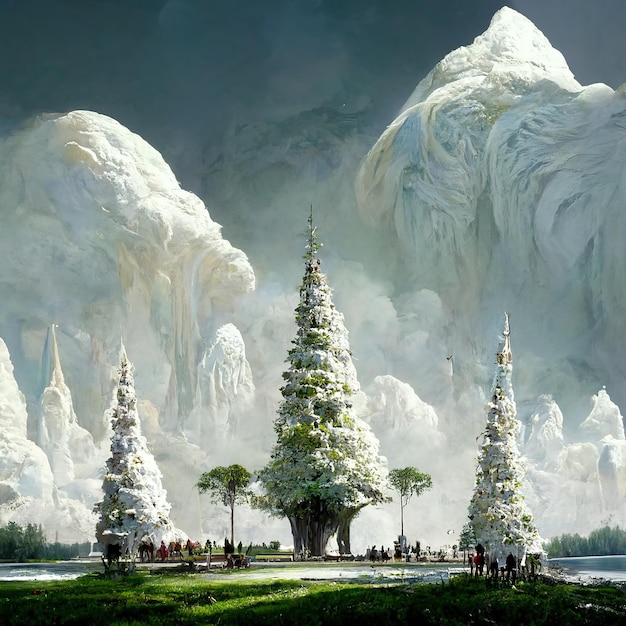 A realistic elf kingdom with two gigantic white trees in the background