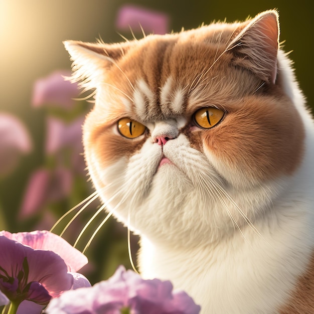 Realistic exotic shorthair cat on ravishing natural outdoor background