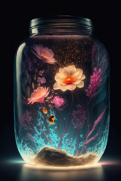 Realistic fantasy flower world in a jar Flowers butterflies light inside the jar An unusual illustration