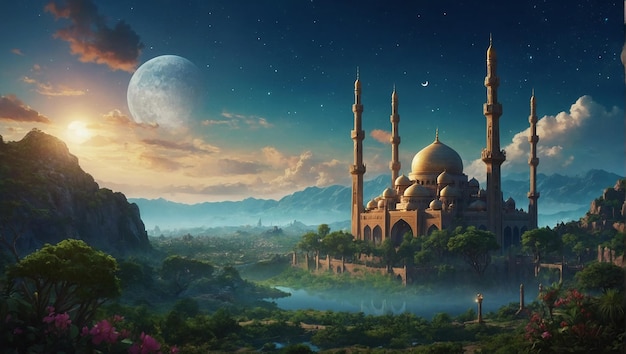 Realistic fantasy world landscape that represent Ramadhan with anime style