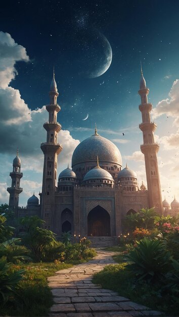 Realistic fantasy world landscape that represent Ramadhan with anime style