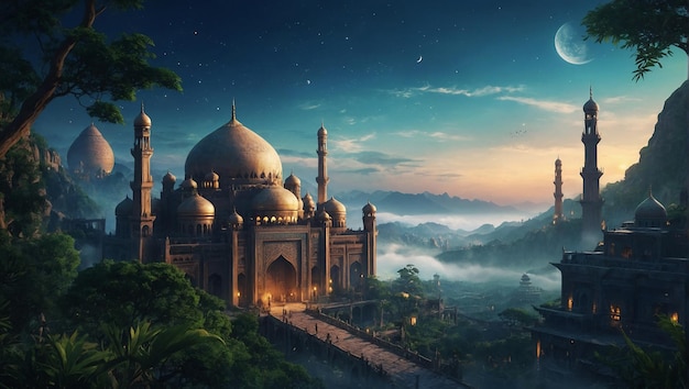 Realistic fantasy world landscape that represent Ramadhan with anime style