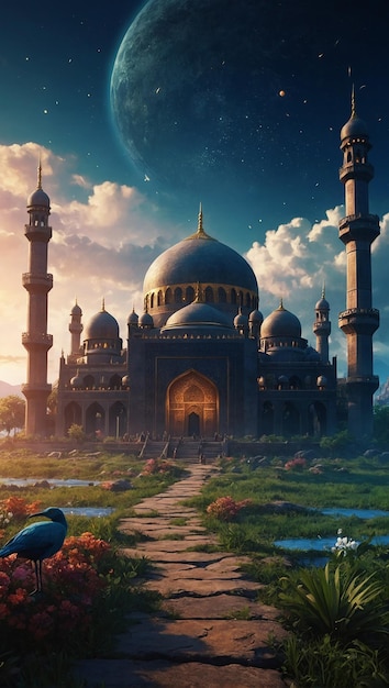 Realistic fantasy world landscape that represent Ramadhan with anime style