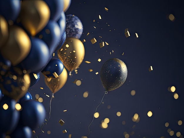 Realistic Festive background with golden and blue balloons ai generative