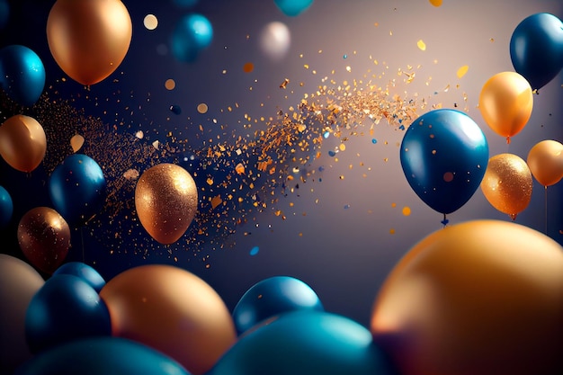 Realistic Festive background with golden and blue balloons falling confetti blurry background and a bokeh lights Generative ai