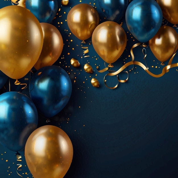 Realistic Festive background with golden and blue balloons falling confetti blurry background