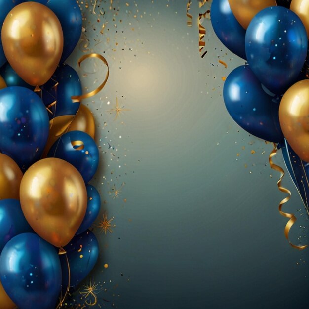 Realistic Festive background with golden and blue balloons falling confetti blurry background